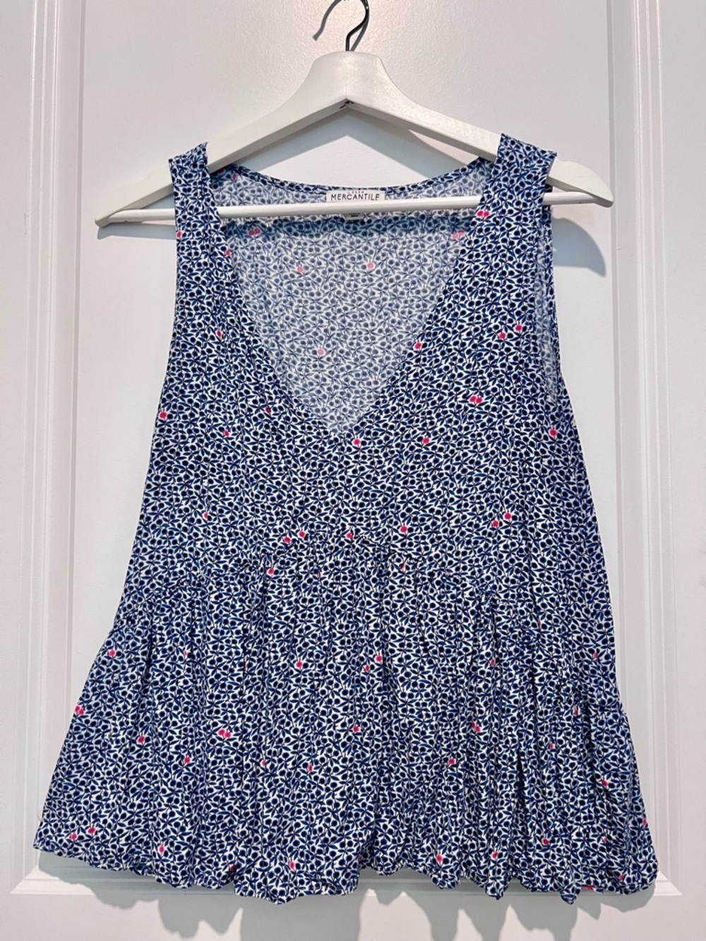Navy Blue Floral Print V-Neck Swing Tank with Pink Accents